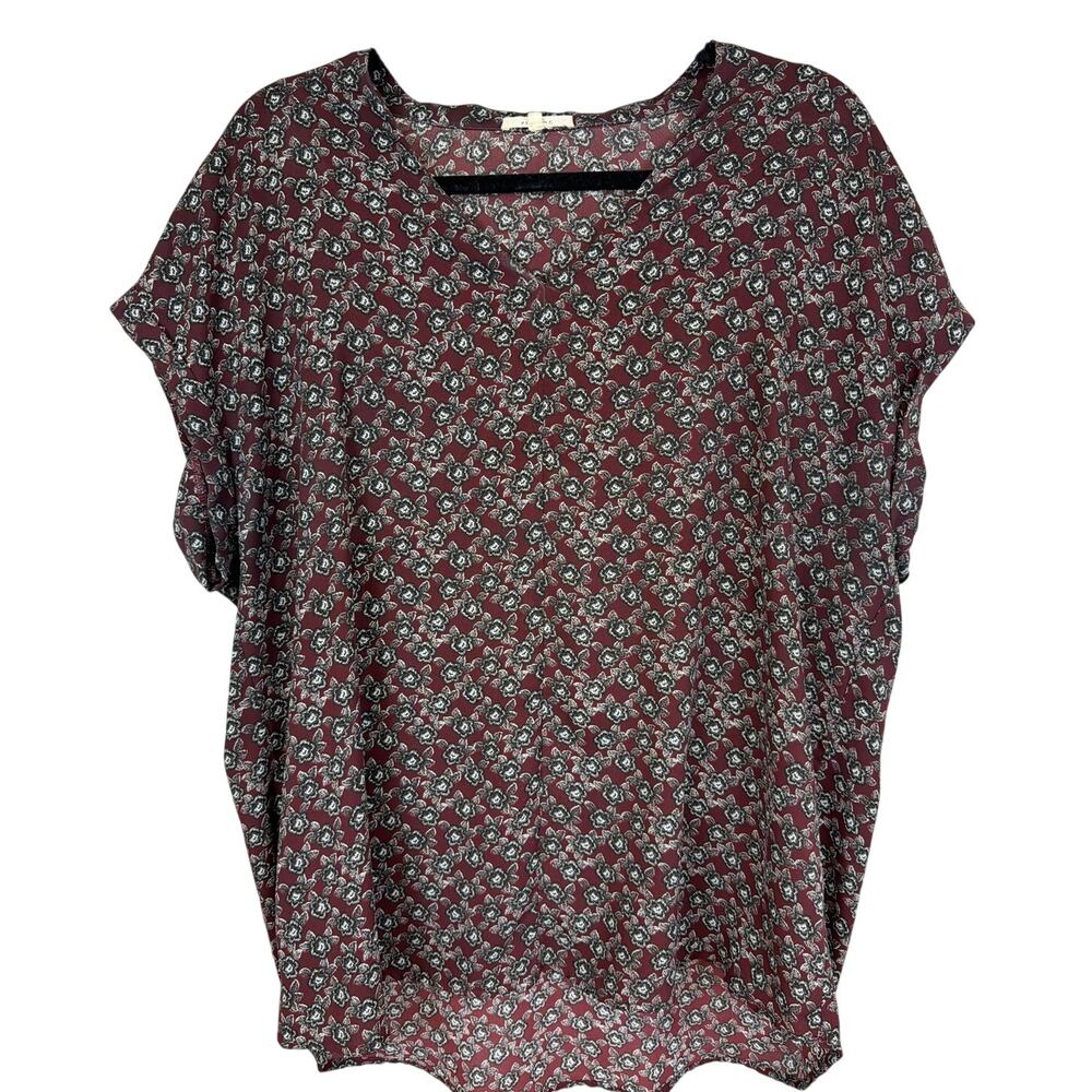Pleione Maroon Floral Print Cap Sleeve V Neck Top Size L
